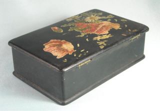 Antique Hand Carved and Painted Wood Jewelry Box Floral Design 1800s 