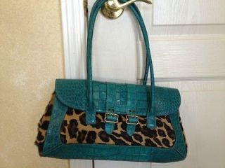 leopard handbag with teal trim made by adrienne vittadini