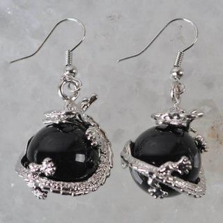 black agate round bead dragon earrings 18kgp et214 from hong