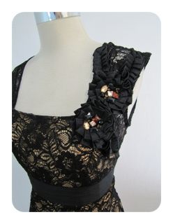 New KM Collections Black Nude Embellished Floral Lace Empire Sheath 