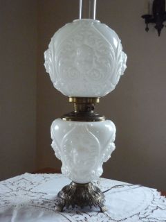 Antique Milk Glass Cherub Angel Face GWTW Hurricane Lamp