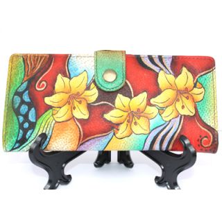Anuschka Large Bi Fold Wallet Hand Painted Leather Lilies Flowers 