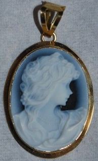 14K SOLID Yellow Gold Genuine Agate Blue Cameo Charm Pendant