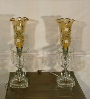 Antique/VIntage Pair of Crystal Table Lamps w/ Yellow Floral Paint 