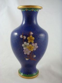 Vintage Chinese Cloisonné Gold Gilded Enameled Blue Floral Vase 