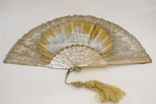 Antique Mother of Pearl and Lace Hand Painted FAn Wedding Bridal