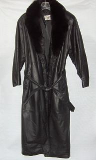 Genuine Leather & Fox Fur Full Length Black Winter Trench Coat Womens 