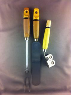 Vintage Yellow, black and wood handled kitchen utensils   Set of 3