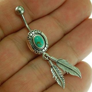 Native American Belly Button Navel Ring w Turquoise, Sterling Silver 