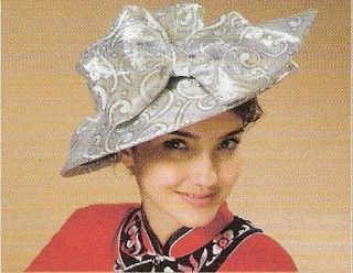 Women grey, gray church derby wedding hat with white swirl print and 