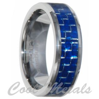 8mm Blue Carbon Fiber Inlay Tungsten Carbide Ring Wedding Band Size 7 