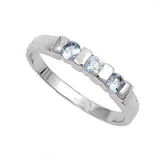 Sterling Silver Baby Ring w Aquamarine CZ 3 Stones Italian Band Solid 
