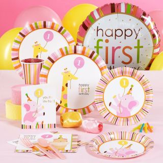 SWEET SAFARI 1ST FIRST BIRTHDAY GIRL PINK PARTY PACK FOR 16 PARTY 