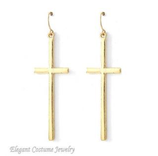 Gold Cross Earrings 2 Long Contemporary Design Elegant Costume 