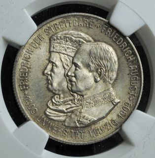 1909, Germany, Fredrick August III. Silver 2 Mark Coin. NGC MS 65