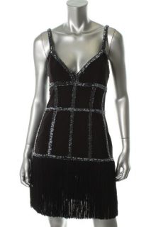 Basix New Black Beaded Fringe V Neck Lined Sleeveless Cocktail Dress 8 