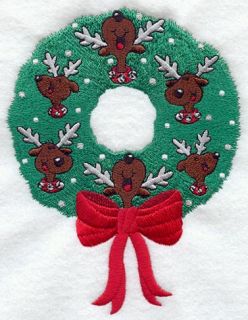 CHRISTMAS REINDEER FAMILY WREATH   2 EMBROIDERED HAND TOWELS by Susan