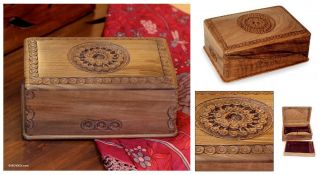 Exotic Radiance Artisan Hand Carved Walnut Wood Jewelry Box Floral 