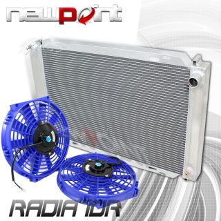 tri core aluminum racing radiator+ 2 x 10 blue fans 79 93 ford mustang 