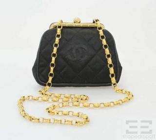   Black Quilted Satin Gold Chain Strap Small Frame Shoulder Bag