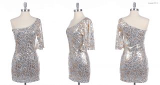 Sexy One Shoulder Cocktail Dress with Glitter Sequins White Gold 