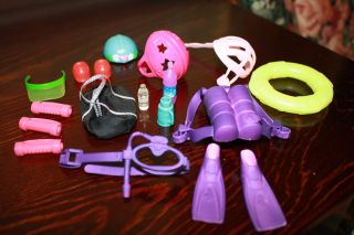 Lot of Barbie Doll Size Sports Equipment Scuba Gym Weights Helmets 