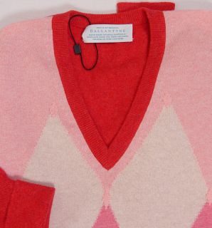 Ballantyne Sweater $1295 Pink Argyle 100 Cashmere Handknit V Neck Med 