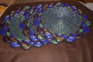   of 3 Pier 1 Imports Teal Beaded and Scalloped Round Placemats