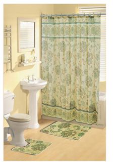   Vines Green Shower Curtain Bathroom Beige Bath Rug 15 Piece Set