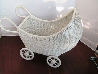 Vtg White Wicker Doll Stroller Baby Carriage