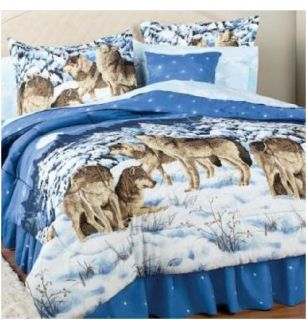 QUEEN WOLVES SNOW WINTER TREES SKY COMFORTER BED IN A BAG 4PCS WOLF 