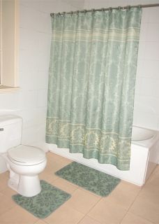 Green Floral Damask Pattern Bathroom Shower Curtain Bath Contour Rug 