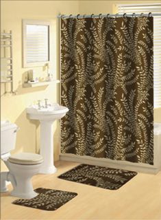 Brown Multi Floral Ferns Bathroom Shower Curtain Bath Contour Rug 15 