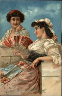 Italian Lovers Romance Beautiful Woman w/ Fan c1910 Embossed Postcard 