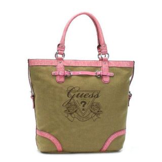 Guess Avignon Handbag Tote Shopper Beach Bag Canvas Logo Brown Pink 