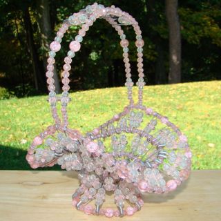 Vintage Mid Century Basket Beaded Safety Pin Pink and Clear Hand Made 