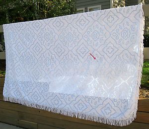 Vintage Full Queen Size Blue White Chenille Fringed Bedspread