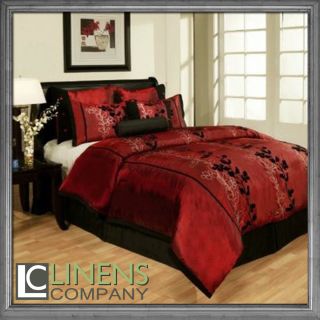   Burgundy Black Flocking Floral Comforter Set Bed in a bag Brand New