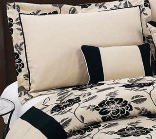 7pc Black Beigeg Flannel Peony Flower Comforter King Bedding Set Bed 