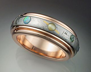 14k Rose Gold Nine Planets Ring with Meteorite and Gems