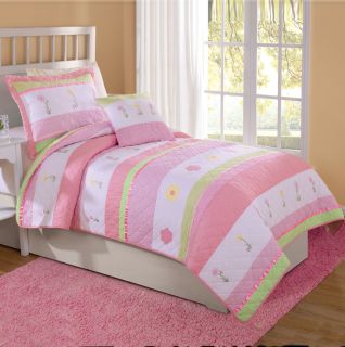 Pink Tara Stripe Flower Girls Bedding Twin Quilt Sham