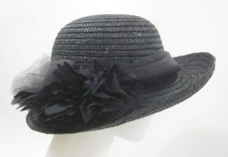 Betmar Black Woven Straw Ribbon Flower Detail Sun Hat