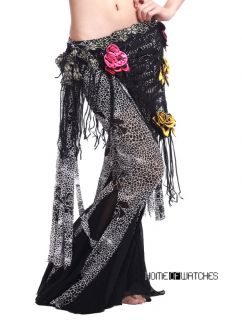 Black Belly Wrap Hip Scarf Costume Exquisite Tassels Flower Pattern 
