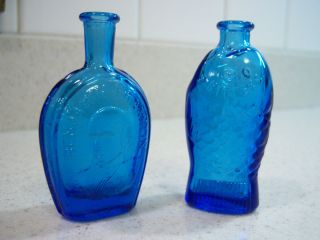   Miniature Blue Glass Wheaton Bottles Benjamin Franklin Fish Bitters NJ