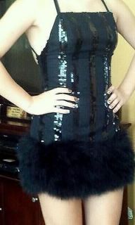 ANNA SUI DESIGNER Stunning Black FEATHER SEQUIN Mini Dress Low back 