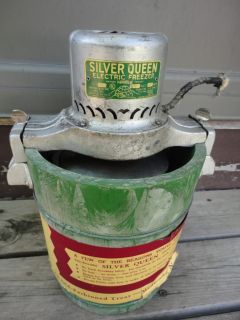 Antique Silver Queen Electric Wooden Ice Cream Maker Freezer w Orig 