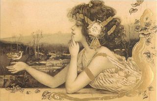 Art Nouveau Woman with Bird in Hand Pensive Repro Postcard
