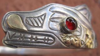 Bill J Wilson NW Tlingit Chief Wolf Bracelet Sterling Gold CA1940S 