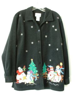    BLACK Snowman Christmas Fleece Shirt Top Jacket  Jean Bice LG