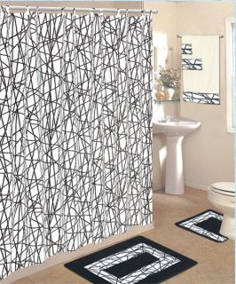 18 piece Bath rug set Black white zig zag print rugs shower curtain 